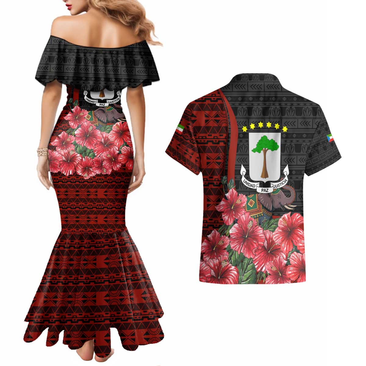 Equatorial Guinea Elephant Couples Matching Mermaid Dress and Hawaiian Shirt with Hibiscus Flowers and Tribal Patterns