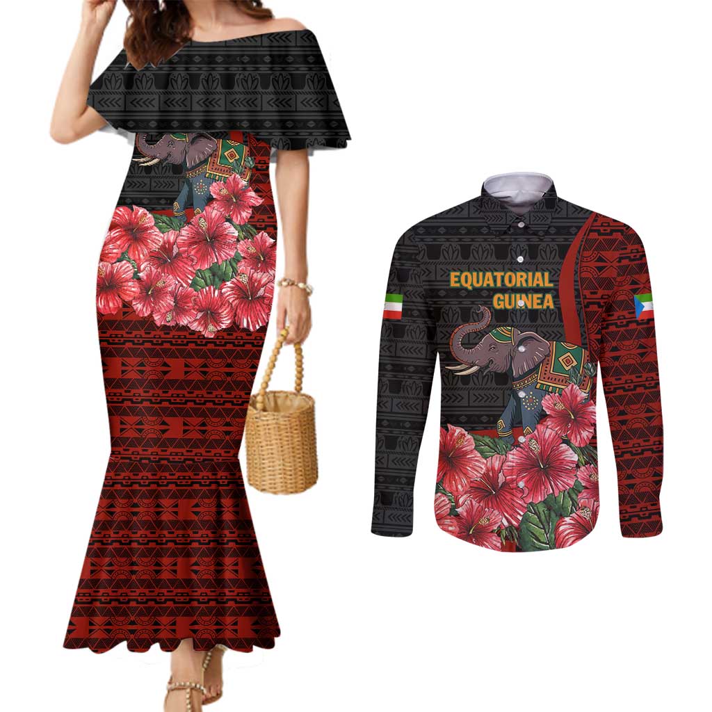 Equatorial Guinea Elephant Couples Matching Mermaid Dress and Long Sleeve Button Shirt with Hibiscus Flowers and Tribal Patterns