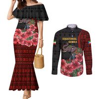 Equatorial Guinea Elephant Couples Matching Mermaid Dress and Long Sleeve Button Shirt with Hibiscus Flowers and Tribal Patterns