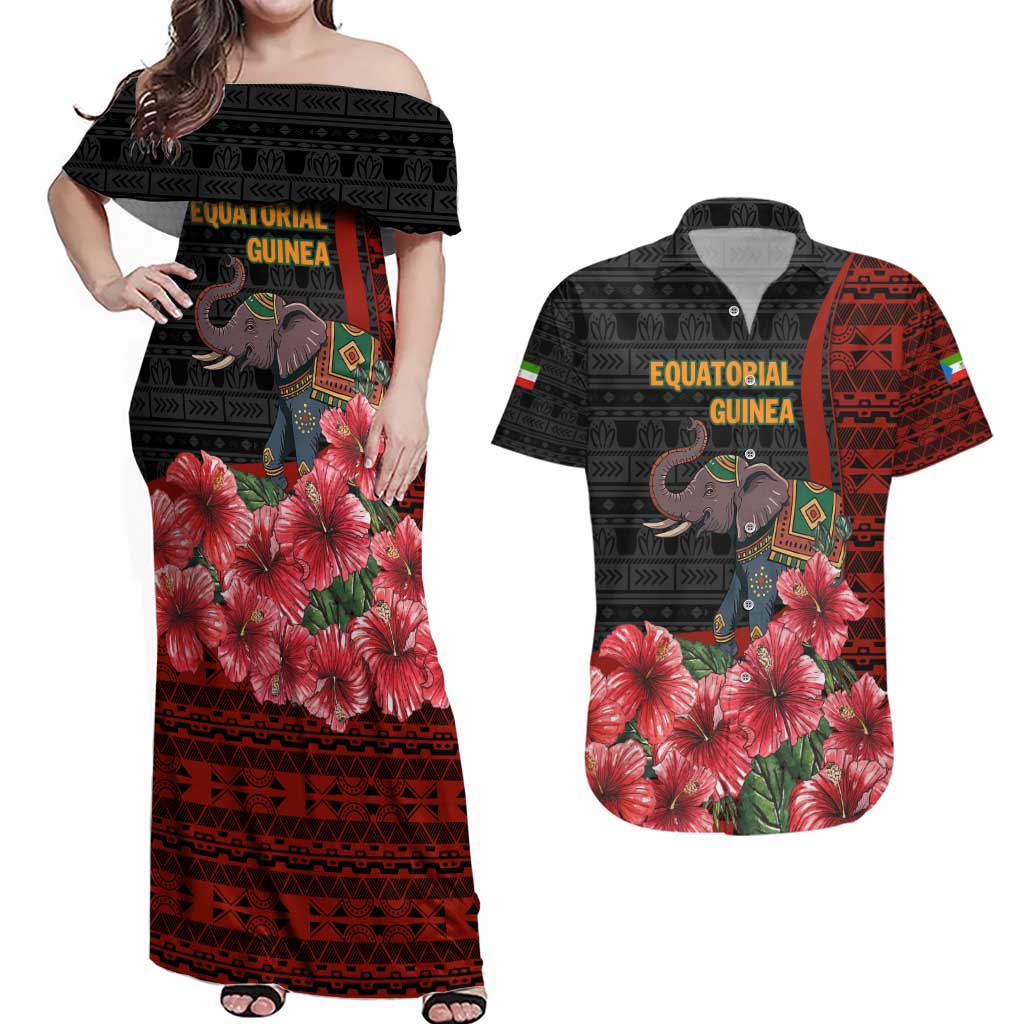 Equatorial Guinea Elephant Couples Matching Off Shoulder Maxi Dress and Hawaiian Shirt with Hibiscus Flowers and Tribal Patterns