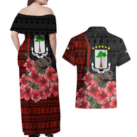 Equatorial Guinea Elephant Couples Matching Off Shoulder Maxi Dress and Hawaiian Shirt with Hibiscus Flowers and Tribal Patterns