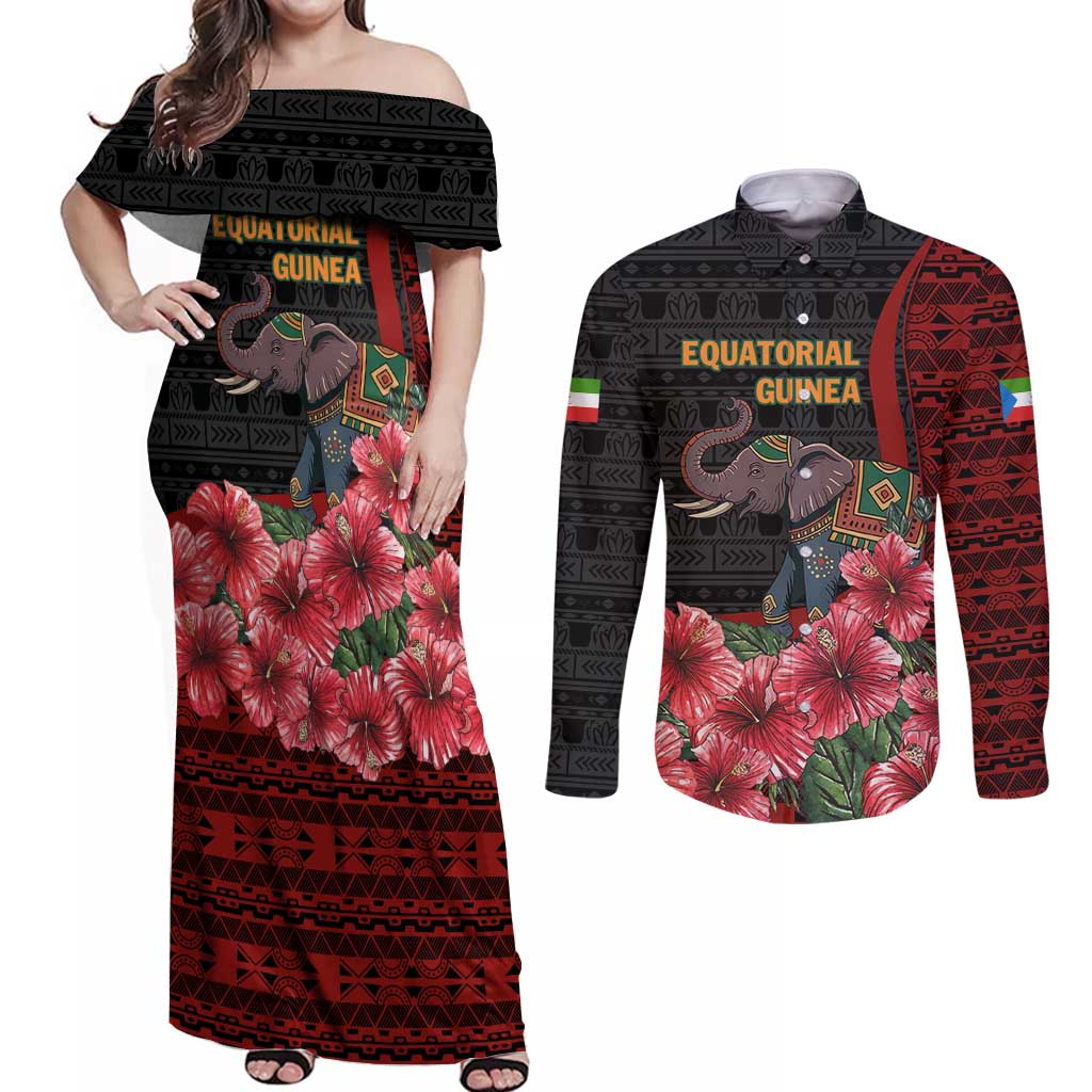 Equatorial Guinea Elephant Couples Matching Off Shoulder Maxi Dress and Long Sleeve Button Shirt with Hibiscus Flowers and Tribal Patterns