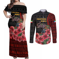 Equatorial Guinea Elephant Couples Matching Off Shoulder Maxi Dress and Long Sleeve Button Shirt with Hibiscus Flowers and Tribal Patterns