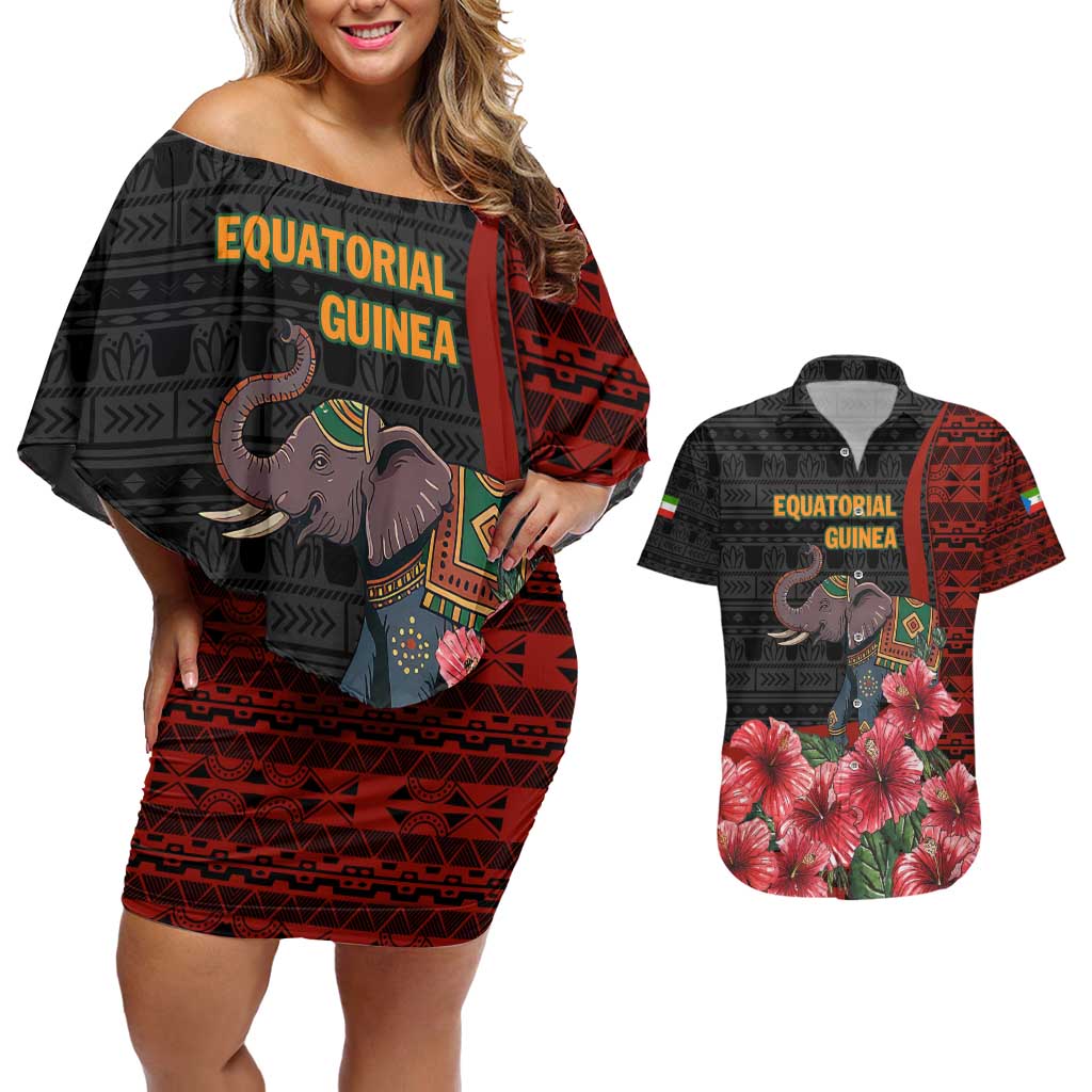 Equatorial Guinea Elephant Couples Matching Off Shoulder Short Dress and Hawaiian Shirt with Hibiscus Flowers and Tribal Patterns