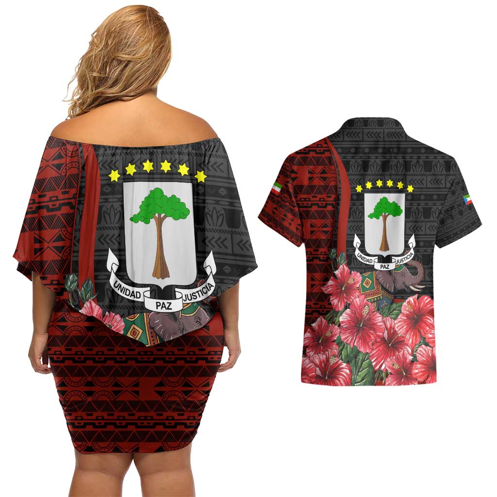 Equatorial Guinea Elephant Couples Matching Off Shoulder Short Dress and Hawaiian Shirt with Hibiscus Flowers and Tribal Patterns
