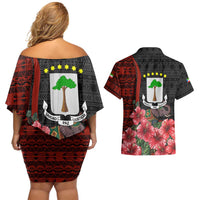 Equatorial Guinea Elephant Couples Matching Off Shoulder Short Dress and Hawaiian Shirt with Hibiscus Flowers and Tribal Patterns