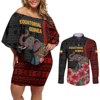 Equatorial Guinea Elephant Couples Matching Off Shoulder Short Dress and Long Sleeve Button Shirt with Hibiscus Flowers and Tribal Patterns