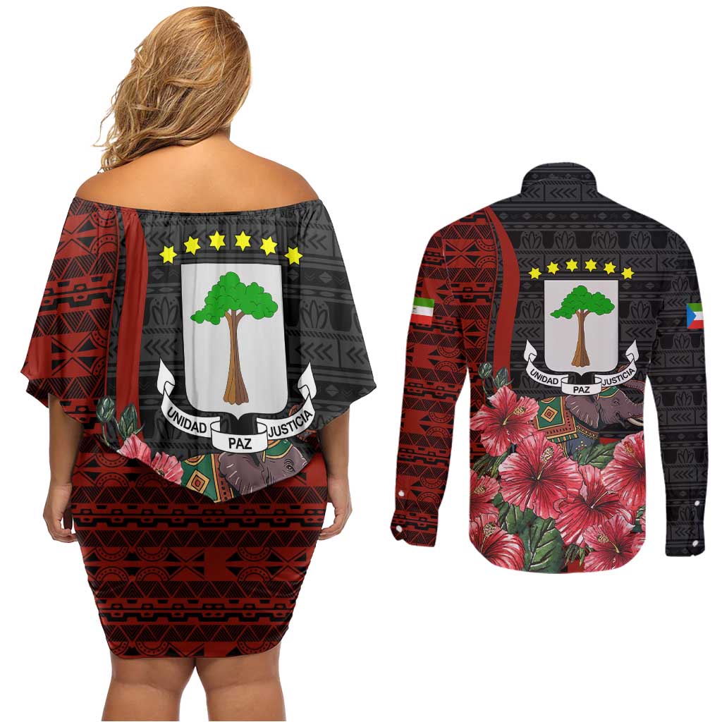 Equatorial Guinea Elephant Couples Matching Off Shoulder Short Dress and Long Sleeve Button Shirt with Hibiscus Flowers and Tribal Patterns