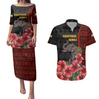 Equatorial Guinea Elephant Couples Matching Puletasi and Hawaiian Shirt with Hibiscus Flowers and Tribal Patterns