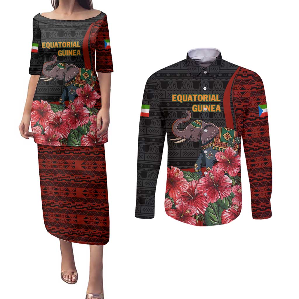 Equatorial Guinea Elephant Couples Matching Puletasi and Long Sleeve Button Shirt with Hibiscus Flowers and Tribal Patterns