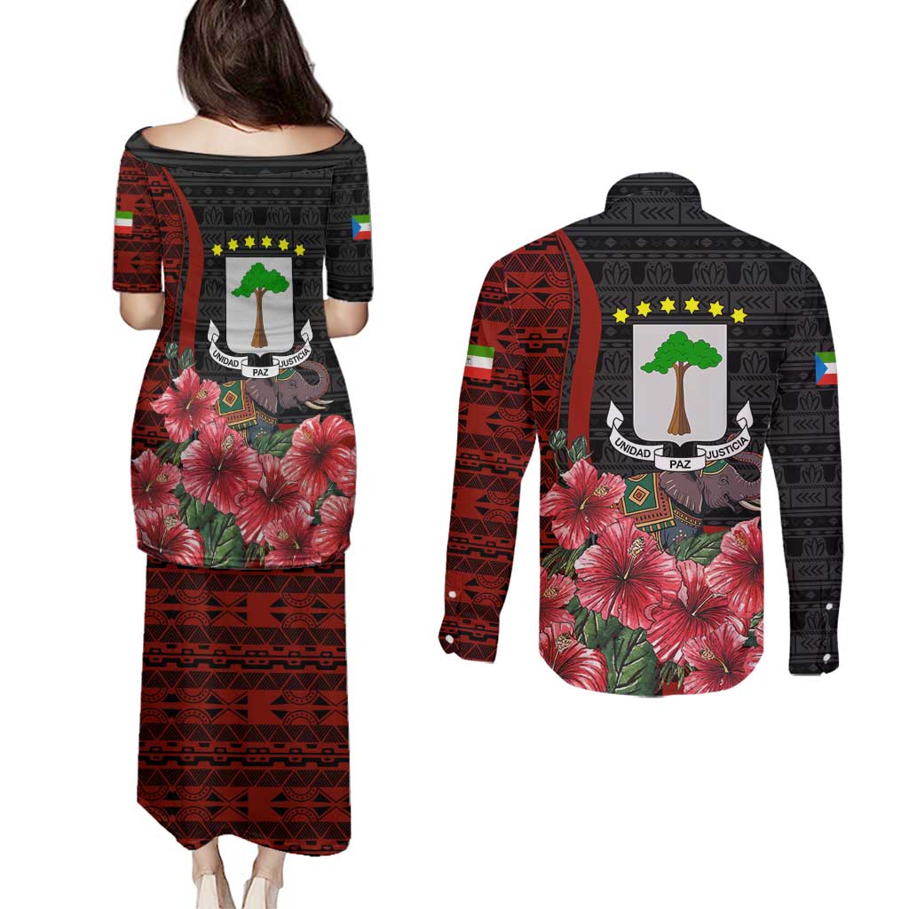 Equatorial Guinea Elephant Couples Matching Puletasi and Long Sleeve Button Shirt with Hibiscus Flowers and Tribal Patterns