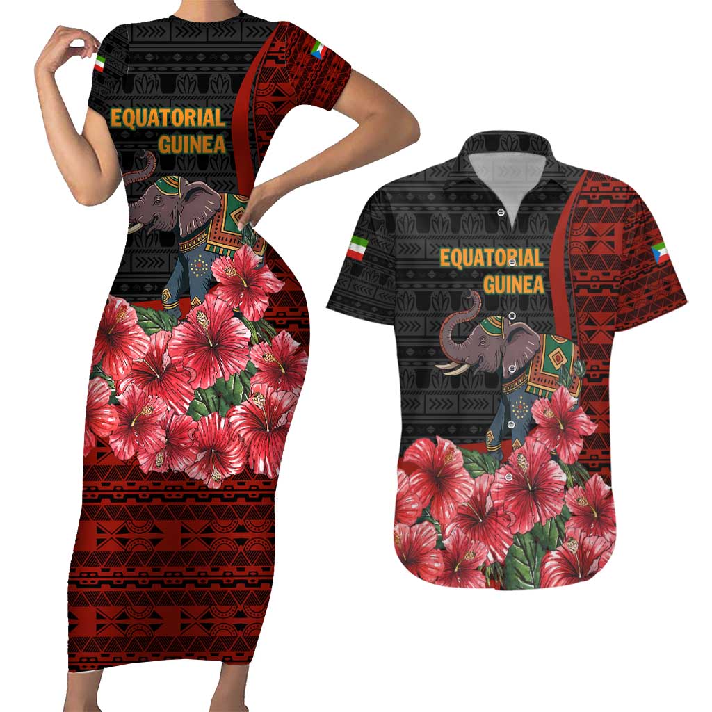 Equatorial Guinea Elephant Couples Matching Short Sleeve Bodycon Dress and Hawaiian Shirt with Hibiscus Flowers and Tribal Patterns
