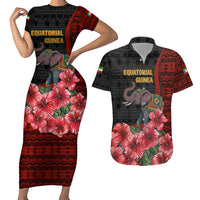 Equatorial Guinea Elephant Couples Matching Short Sleeve Bodycon Dress and Hawaiian Shirt with Hibiscus Flowers and Tribal Patterns