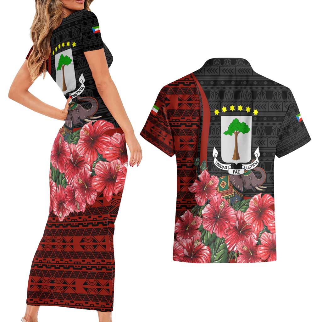 Equatorial Guinea Elephant Couples Matching Short Sleeve Bodycon Dress and Hawaiian Shirt with Hibiscus Flowers and Tribal Patterns