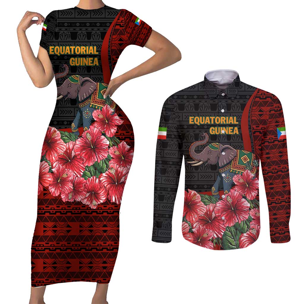 Equatorial Guinea Elephant Couples Matching Short Sleeve Bodycon Dress and Long Sleeve Button Shirt with Hibiscus Flowers and Tribal Patterns