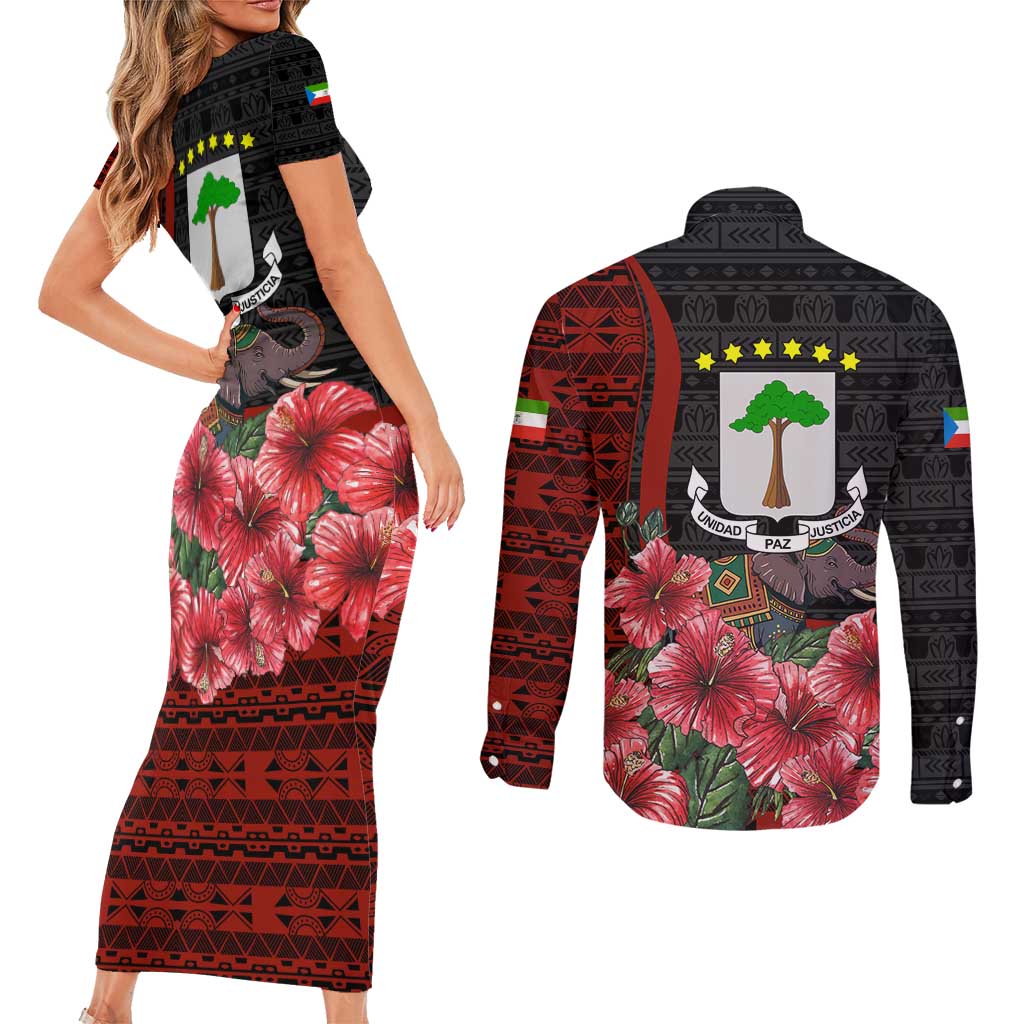 Equatorial Guinea Elephant Couples Matching Short Sleeve Bodycon Dress and Long Sleeve Button Shirt with Hibiscus Flowers and Tribal Patterns
