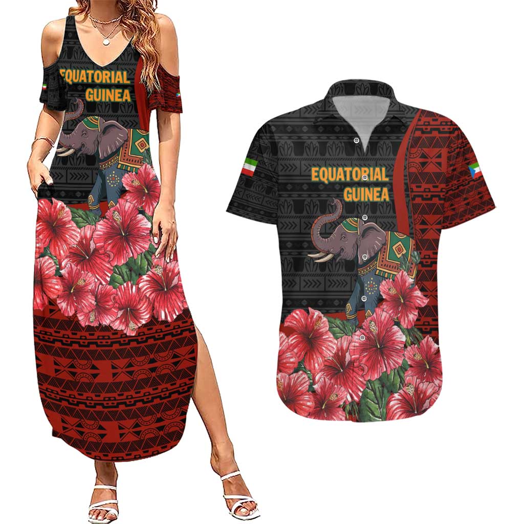 Equatorial Guinea Elephant Couples Matching Summer Maxi Dress and Hawaiian Shirt with Hibiscus Flowers and Tribal Patterns