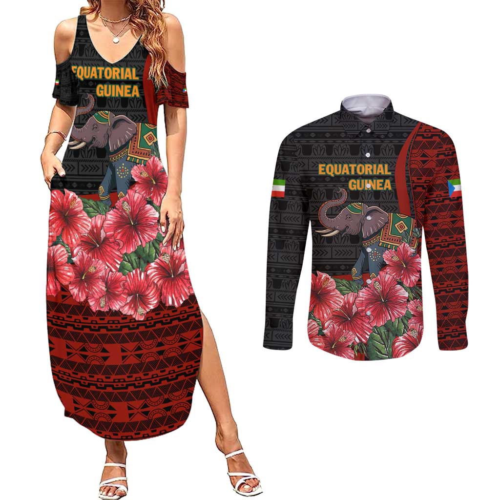 Equatorial Guinea Elephant Couples Matching Summer Maxi Dress and Long Sleeve Button Shirt with Hibiscus Flowers and Tribal Patterns