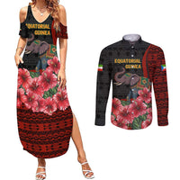 Equatorial Guinea Elephant Couples Matching Summer Maxi Dress and Long Sleeve Button Shirt with Hibiscus Flowers and Tribal Patterns