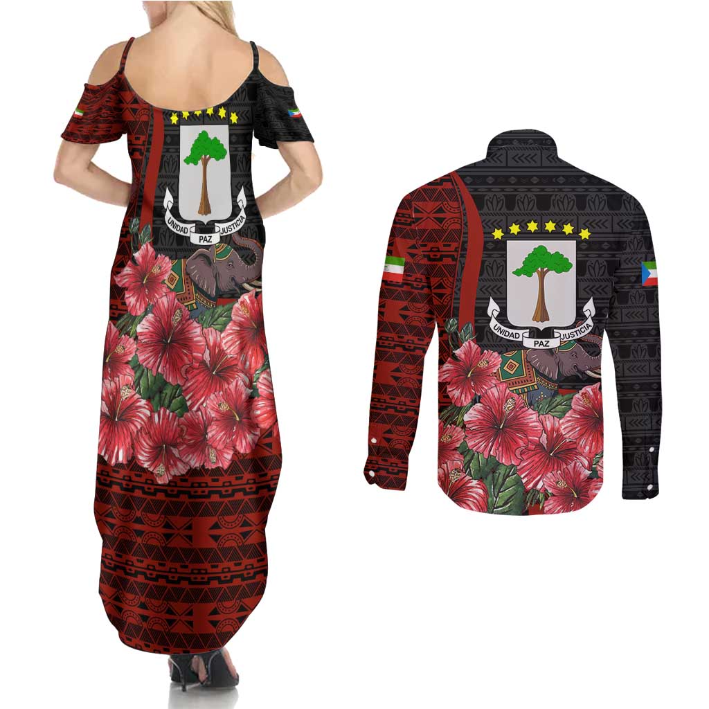 Equatorial Guinea Elephant Couples Matching Summer Maxi Dress and Long Sleeve Button Shirt with Hibiscus Flowers and Tribal Patterns