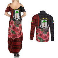 Equatorial Guinea Elephant Couples Matching Summer Maxi Dress and Long Sleeve Button Shirt with Hibiscus Flowers and Tribal Patterns