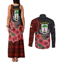 Equatorial Guinea Elephant Couples Matching Tank Maxi Dress and Long Sleeve Button Shirt with Hibiscus Flowers and Tribal Patterns