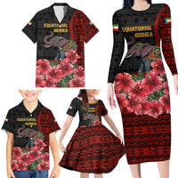 Equatorial Guinea Elephant Family Matching Long Sleeve Bodycon Dress and Hawaiian Shirt with Hibiscus Flowers and Tribal Patterns