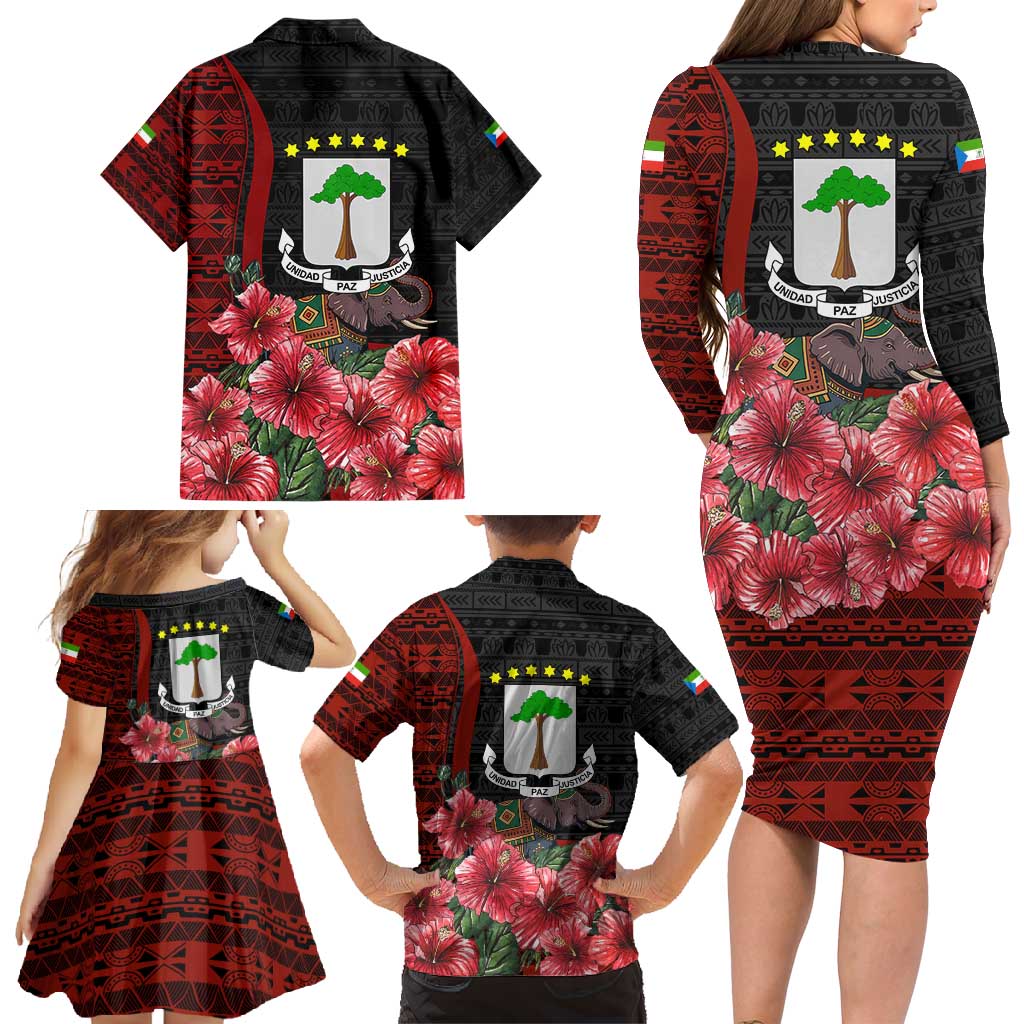 Equatorial Guinea Elephant Family Matching Long Sleeve Bodycon Dress and Hawaiian Shirt with Hibiscus Flowers and Tribal Patterns