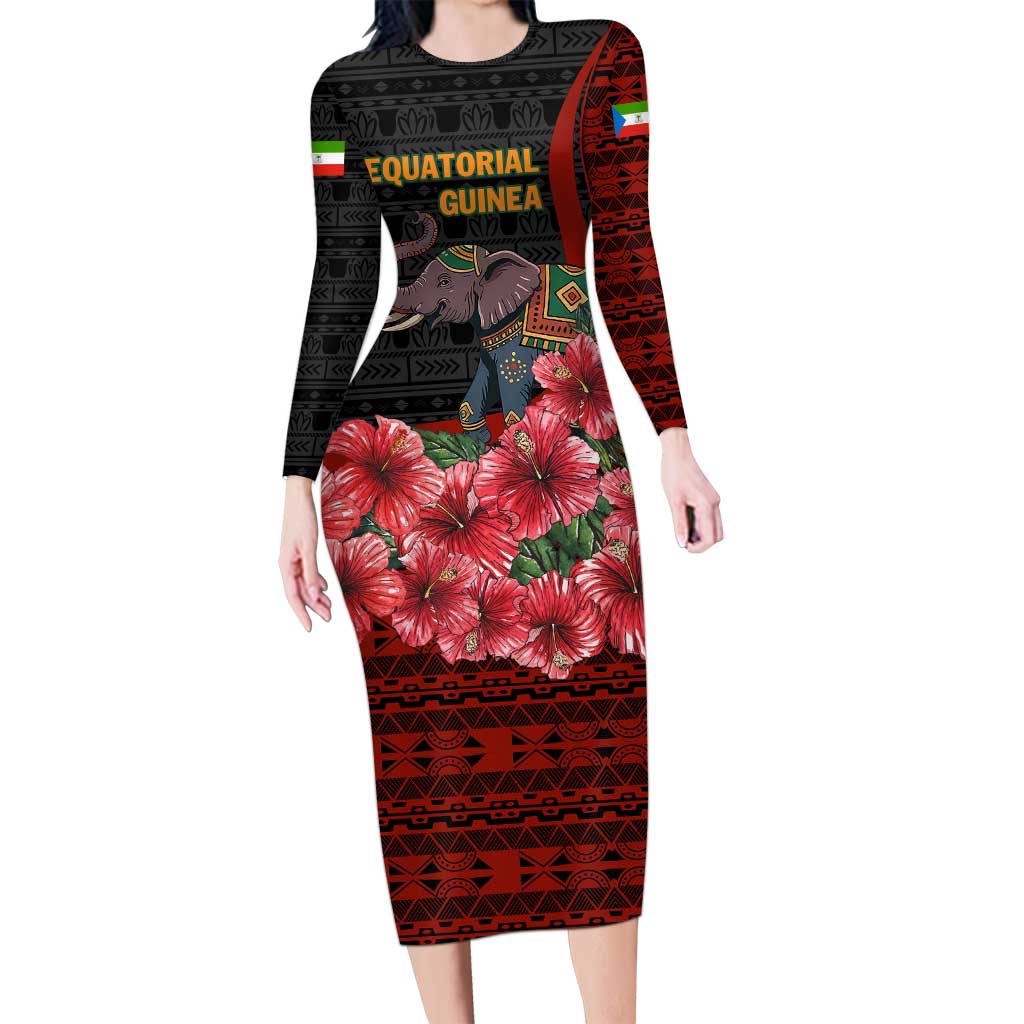 Equatorial Guinea Elephant Family Matching Long Sleeve Bodycon Dress and Hawaiian Shirt with Hibiscus Flowers and Tribal Patterns