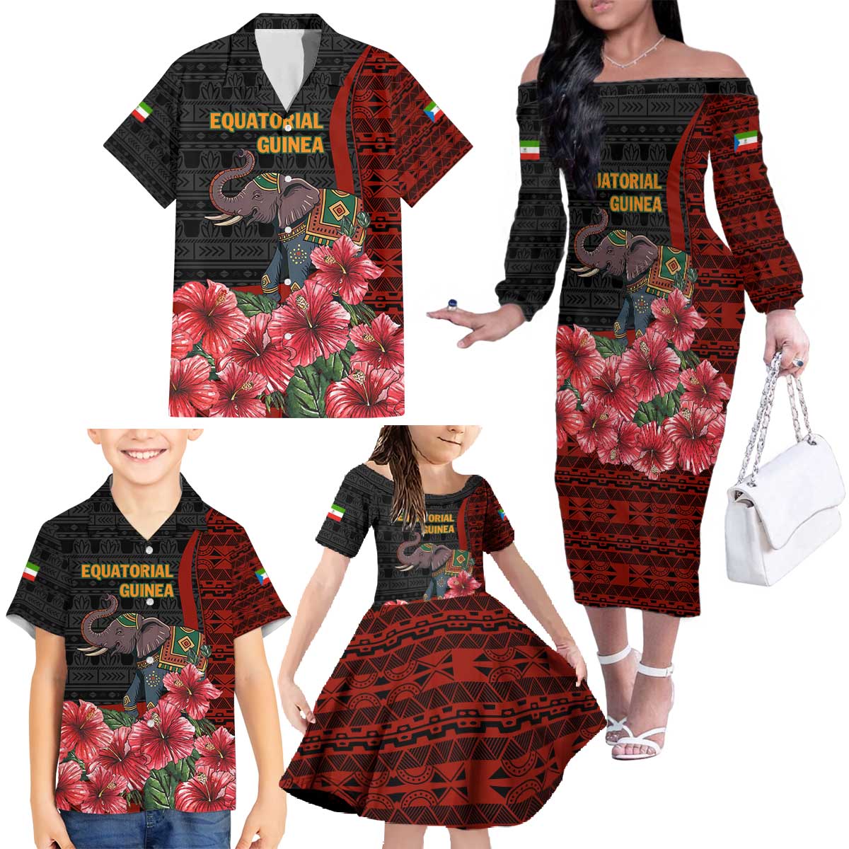 Equatorial Guinea Elephant Family Matching Off The Shoulder Long Sleeve Dress and Hawaiian Shirt with Hibiscus Flowers and Tribal Patterns