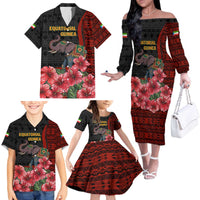 Equatorial Guinea Elephant Family Matching Off The Shoulder Long Sleeve Dress and Hawaiian Shirt with Hibiscus Flowers and Tribal Patterns