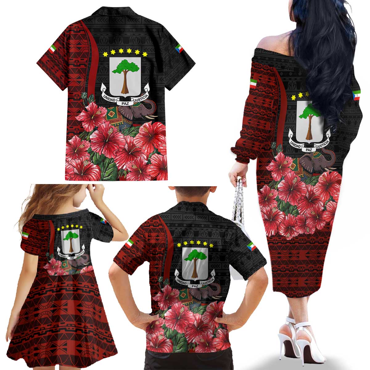 Equatorial Guinea Elephant Family Matching Off The Shoulder Long Sleeve Dress and Hawaiian Shirt with Hibiscus Flowers and Tribal Patterns