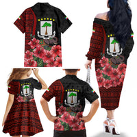 Equatorial Guinea Elephant Family Matching Off The Shoulder Long Sleeve Dress and Hawaiian Shirt with Hibiscus Flowers and Tribal Patterns