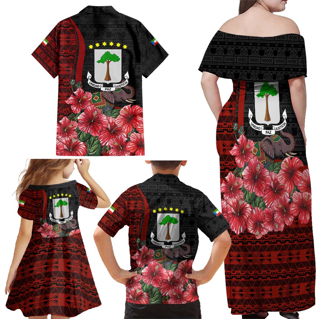 Equatorial Guinea Elephant Family Matching Off Shoulder Maxi Dress and Hawaiian Shirt with Hibiscus Flowers and Tribal Patterns