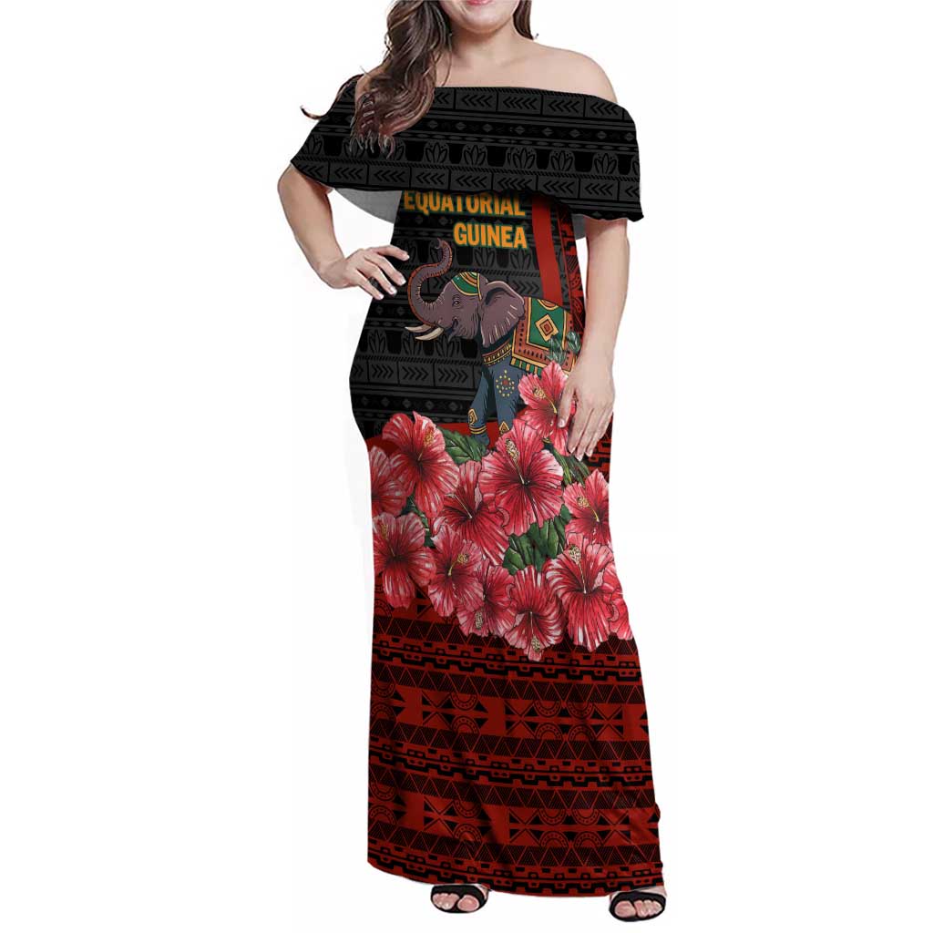 Equatorial Guinea Elephant Family Matching Off Shoulder Maxi Dress and Hawaiian Shirt with Hibiscus Flowers and Tribal Patterns
