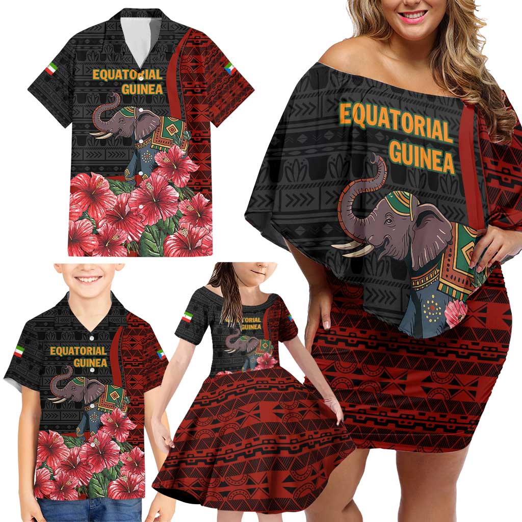 Equatorial Guinea Elephant Family Matching Off Shoulder Short Dress and Hawaiian Shirt with Hibiscus Flowers and Tribal Patterns
