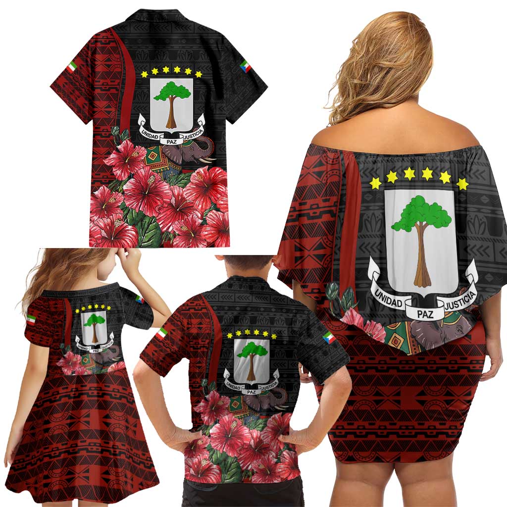 Equatorial Guinea Elephant Family Matching Off Shoulder Short Dress and Hawaiian Shirt with Hibiscus Flowers and Tribal Patterns