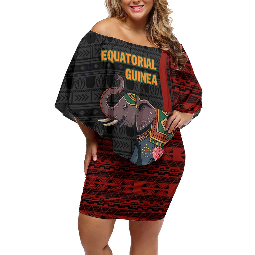 Equatorial Guinea Elephant Family Matching Off Shoulder Short Dress and Hawaiian Shirt with Hibiscus Flowers and Tribal Patterns