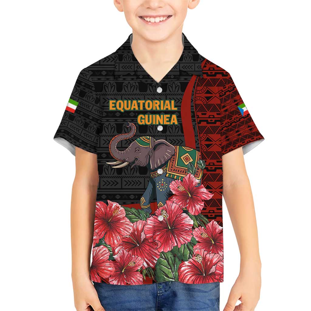 Equatorial Guinea Elephant Family Matching Off Shoulder Short Dress and Hawaiian Shirt with Hibiscus Flowers and Tribal Patterns
