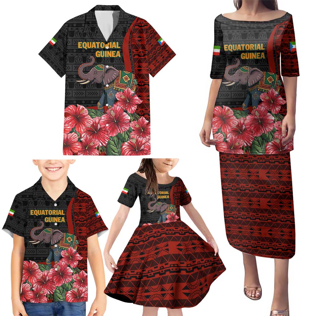 Equatorial Guinea Elephant Family Matching Puletasi and Hawaiian Shirt with Hibiscus Flowers and Tribal Patterns