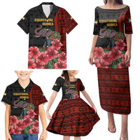 Equatorial Guinea Elephant Family Matching Puletasi and Hawaiian Shirt with Hibiscus Flowers and Tribal Patterns