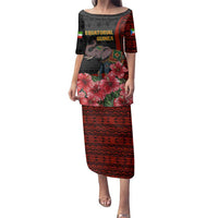 Equatorial Guinea Elephant Family Matching Puletasi and Hawaiian Shirt with Hibiscus Flowers and Tribal Patterns