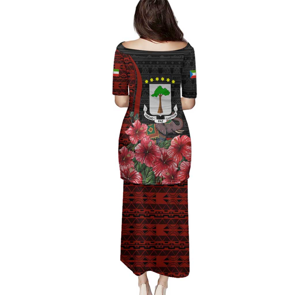 Equatorial Guinea Elephant Family Matching Puletasi and Hawaiian Shirt with Hibiscus Flowers and Tribal Patterns