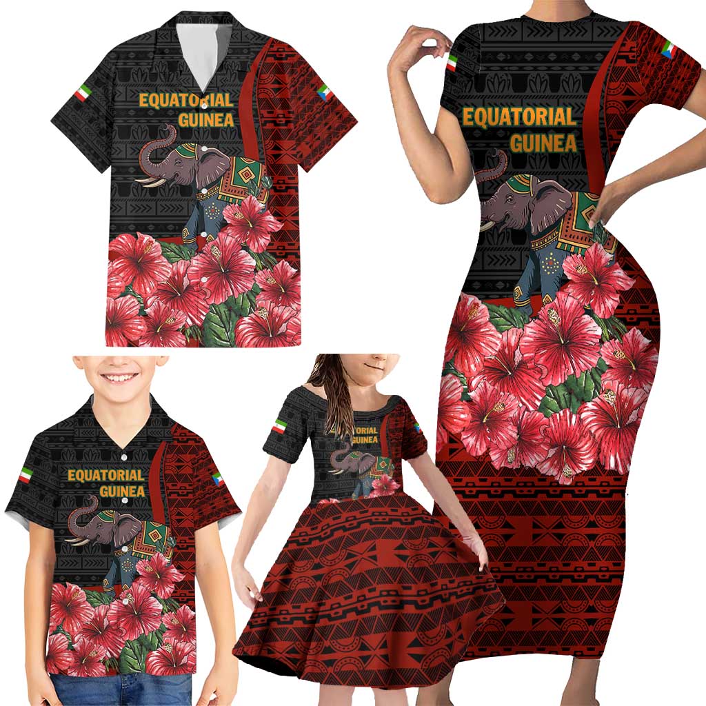 Equatorial Guinea Elephant Family Matching Short Sleeve Bodycon Dress and Hawaiian Shirt with Hibiscus Flowers and Tribal Patterns
