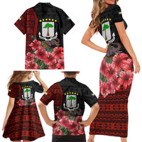 Equatorial Guinea Elephant Family Matching Short Sleeve Bodycon Dress and Hawaiian Shirt with Hibiscus Flowers and Tribal Patterns