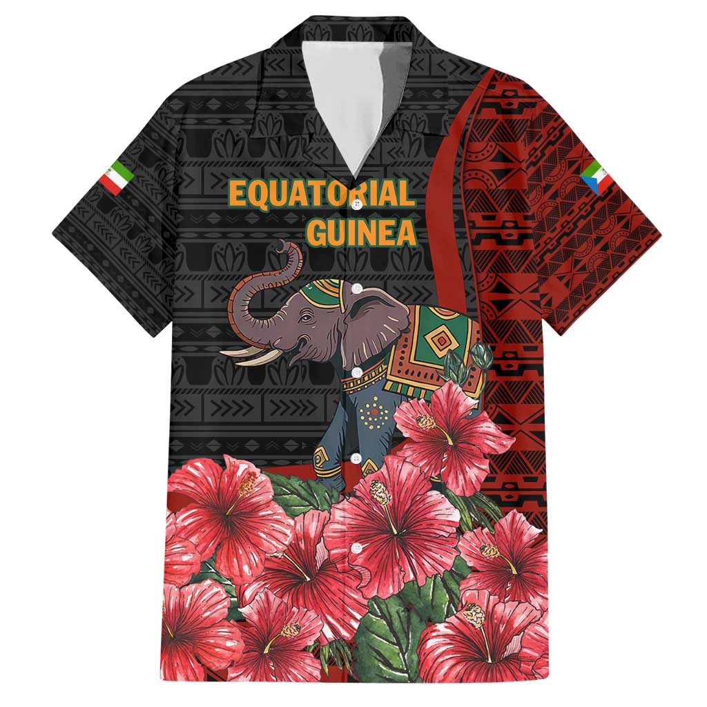 Equatorial Guinea Elephant Family Matching Short Sleeve Bodycon Dress and Hawaiian Shirt with Hibiscus Flowers and Tribal Patterns