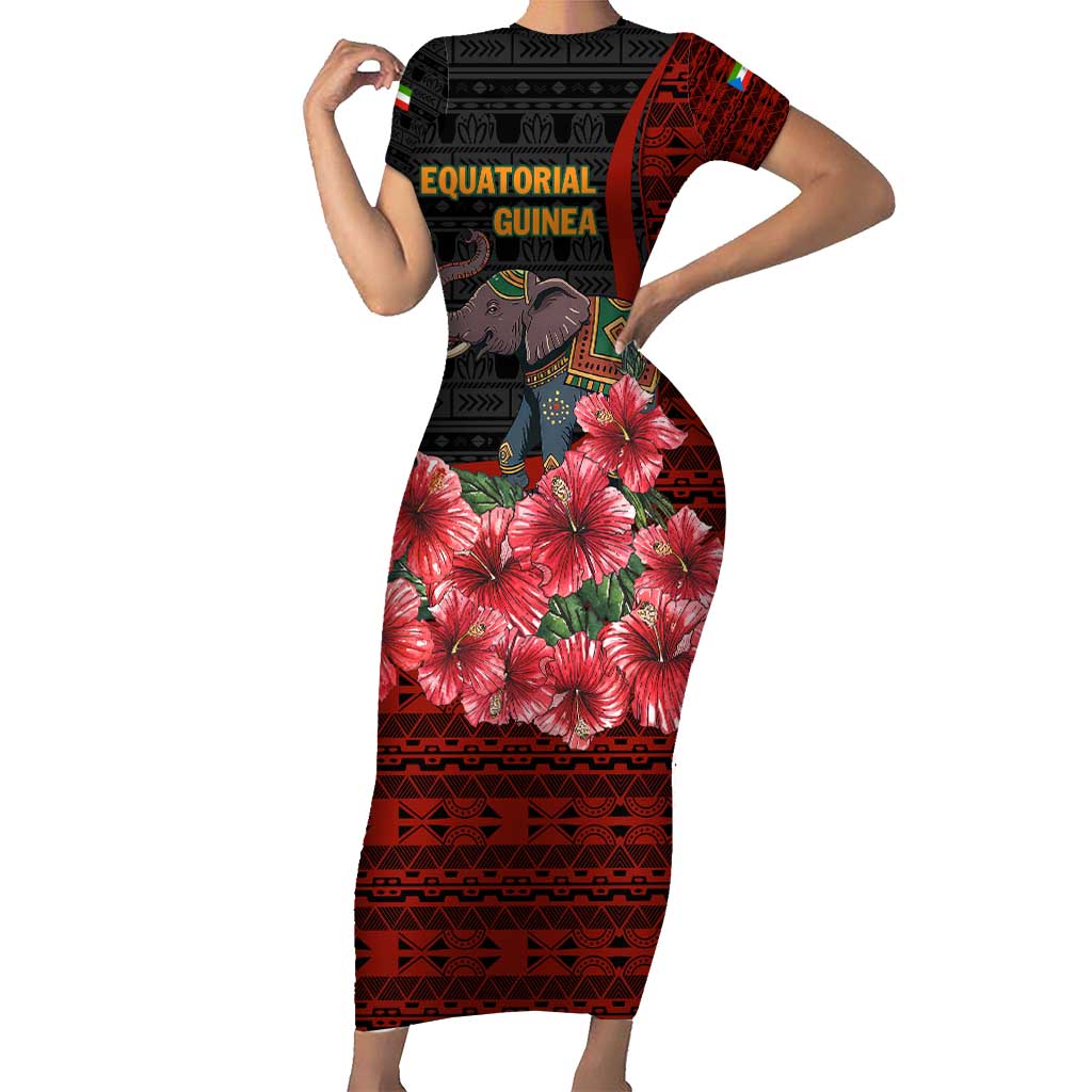 Equatorial Guinea Elephant Family Matching Short Sleeve Bodycon Dress and Hawaiian Shirt with Hibiscus Flowers and Tribal Patterns