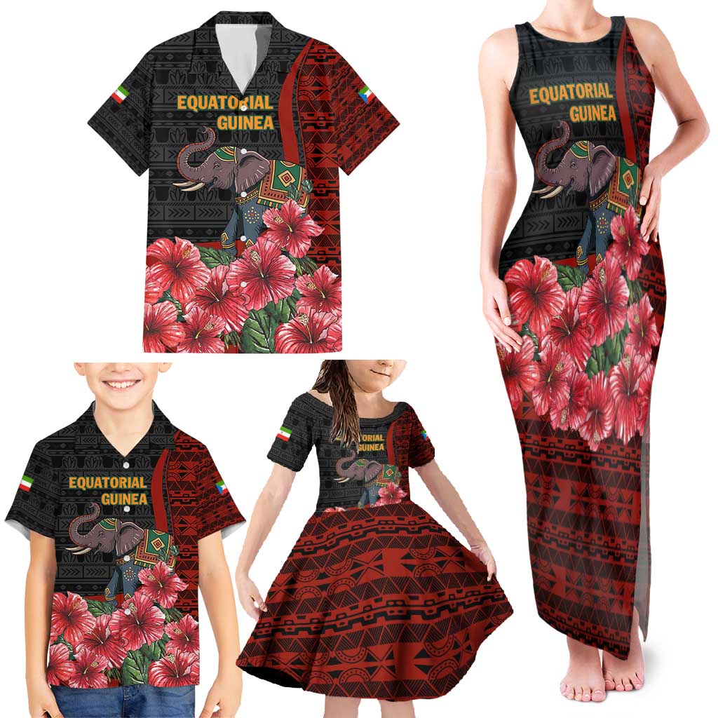 Equatorial Guinea Elephant Family Matching Tank Maxi Dress and Hawaiian Shirt with Hibiscus Flowers and Tribal Patterns