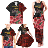 Equatorial Guinea Elephant Family Matching Tank Maxi Dress and Hawaiian Shirt with Hibiscus Flowers and Tribal Patterns