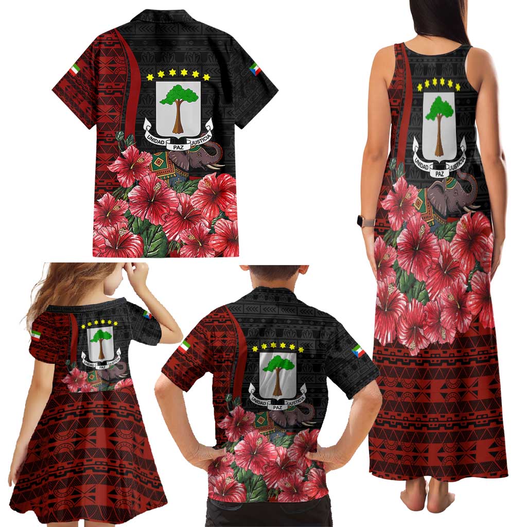 Equatorial Guinea Elephant Family Matching Tank Maxi Dress and Hawaiian Shirt with Hibiscus Flowers and Tribal Patterns
